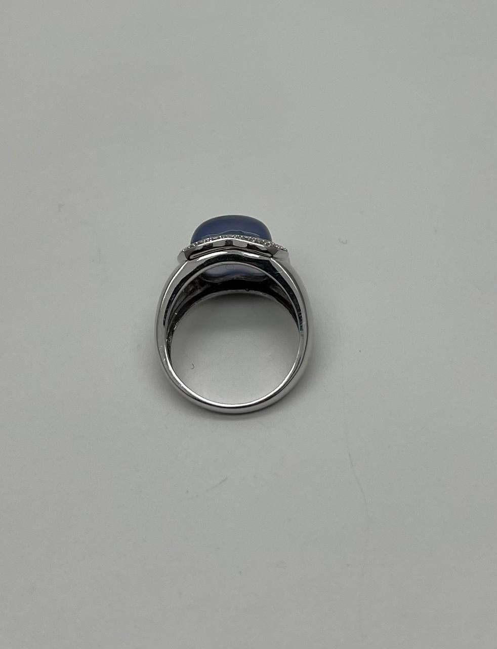 Blue Violet Chalcedony Cabochon Shape 14K White Gold Diamond Halo Set Ring