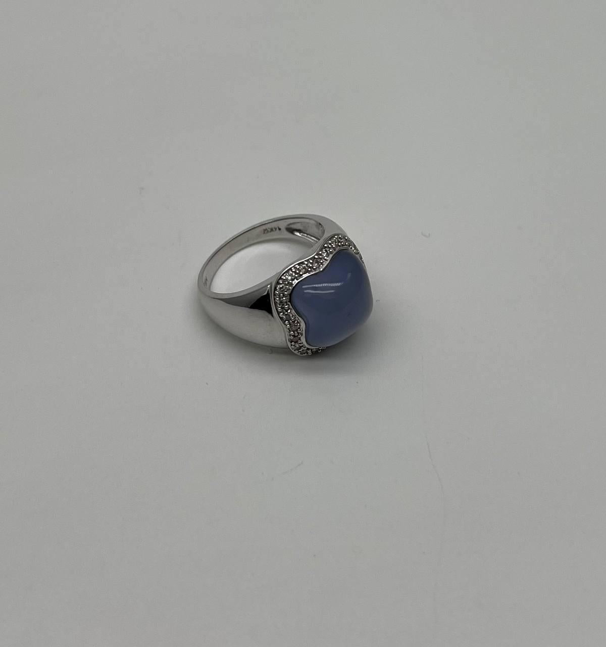 Blue Violet Chalcedony Cabochon Shape 14K White Gold Diamond Halo Set Ring