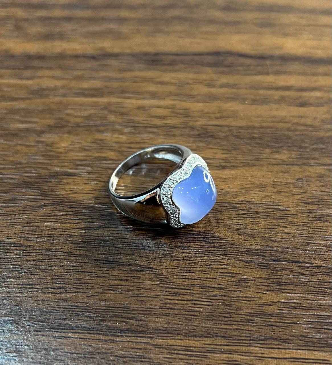 Blue Violet Chalcedony Cabochon Shape 14K White Gold Diamond Halo Set Ring
