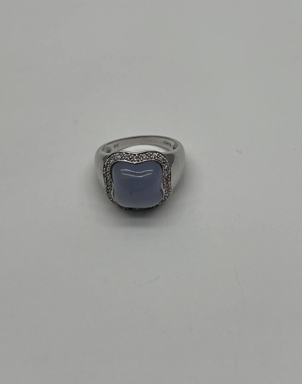 Blue Violet Chalcedony Cabochon Shape 14K White Gold Diamond Halo Set Ring