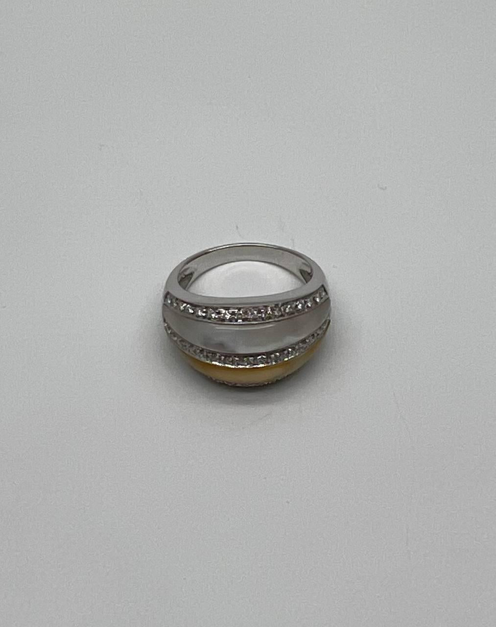 White Golden Yellow Mother of Pearl Diamond Channel Dome 14K White Gold Ring