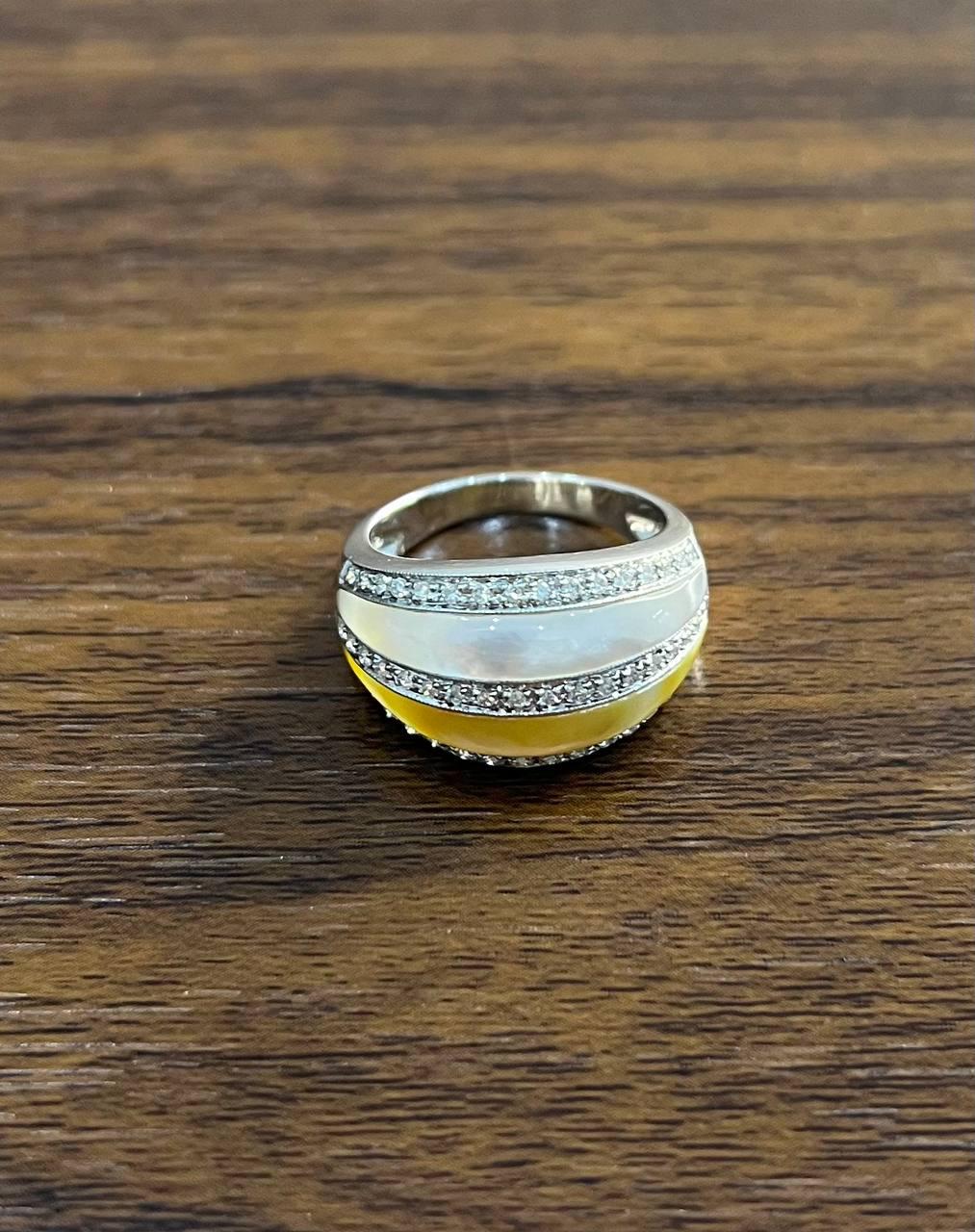 White Golden Yellow Mother of Pearl Diamond Channel Dome 14K White Gold Ring