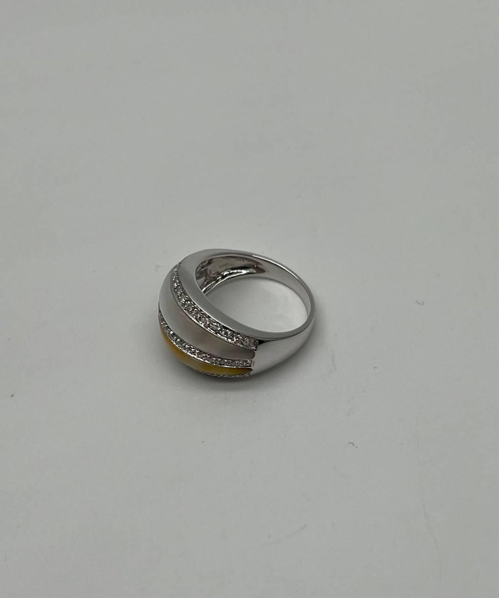 White Golden Yellow Mother of Pearl Diamond Channel Dome 14K White Gold Ring