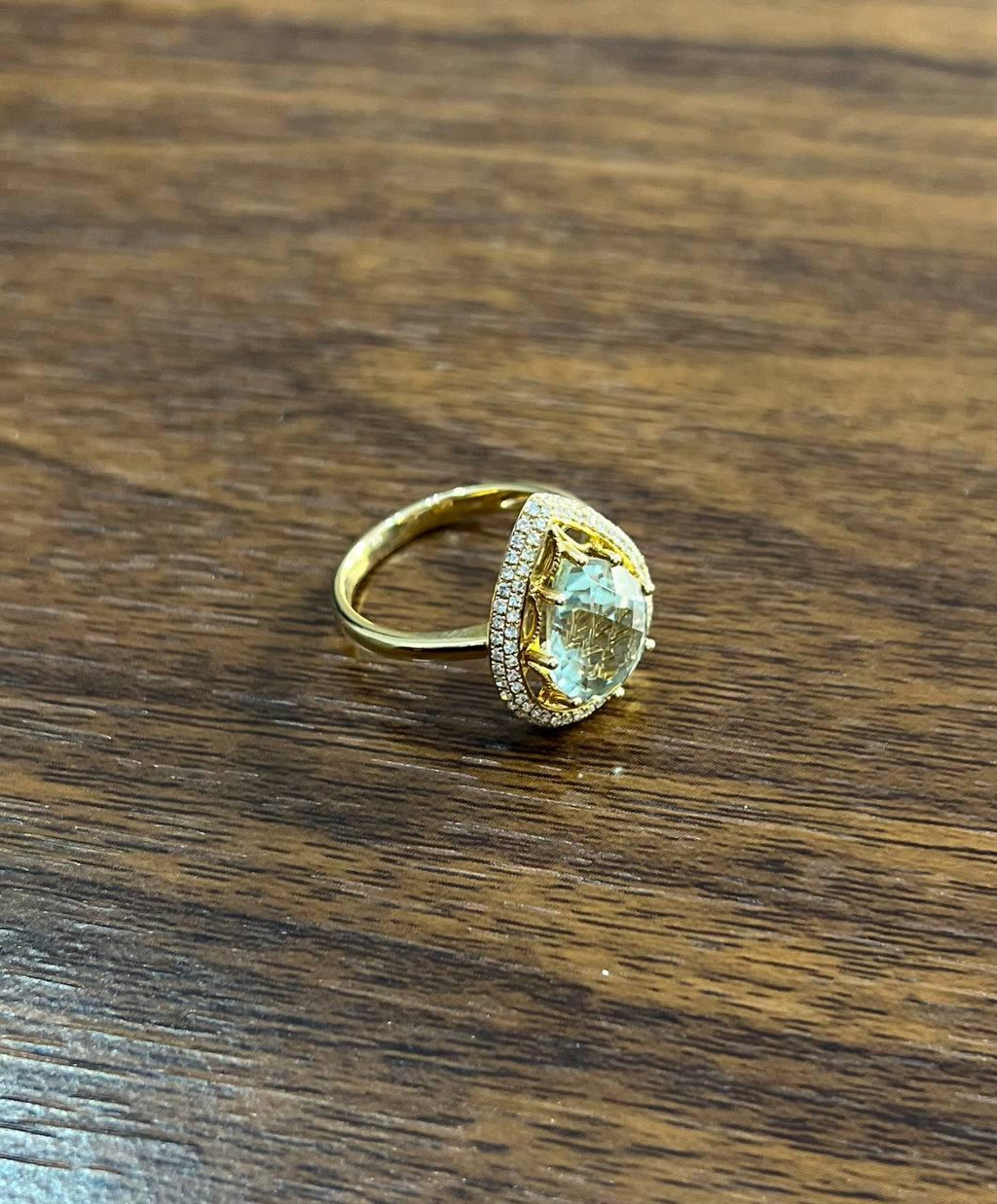 Pear Teardrop Shape Green Amethyst Prasiolite Diamonds Halo Gold Cocktail Ring
