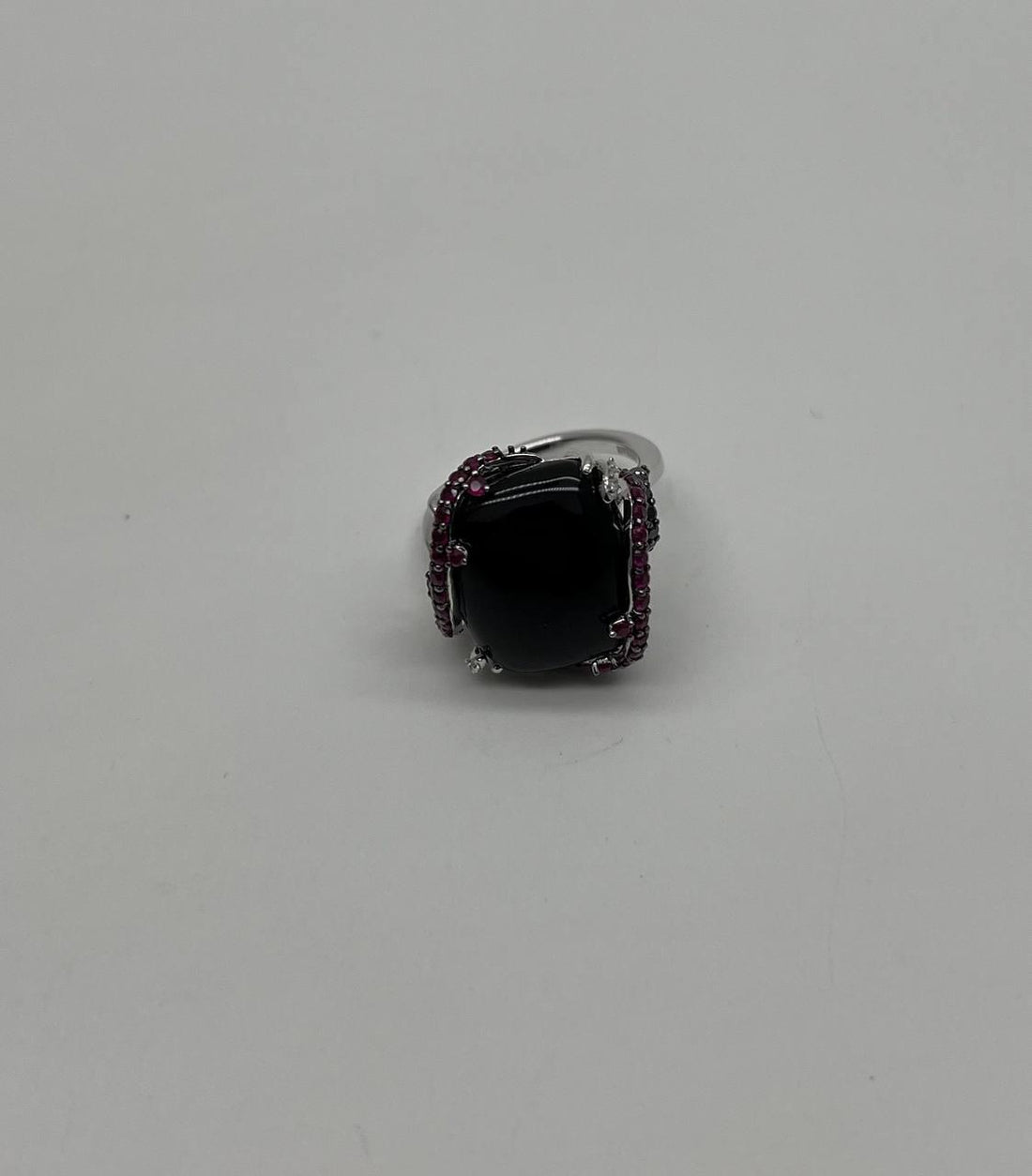 Black Onyx Red Pink Ruby White Diamond Halo 14K White Gold Statement Ring