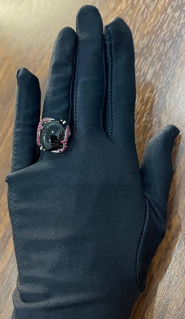 Black Onyx Red Pink Ruby White Diamond Halo 14K White Gold Statement Ring