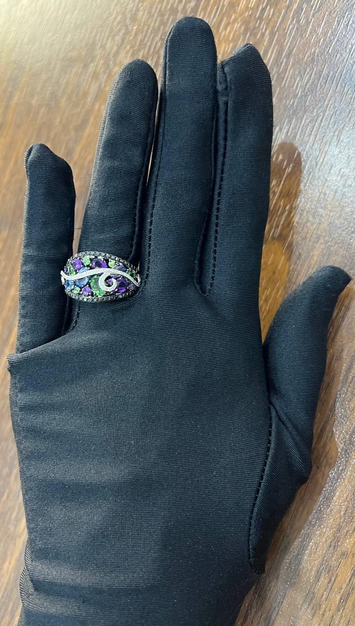 Purple Amethyst Blue Sapphire Green Tsavorite Diamonds 14K Gold Statement Ring