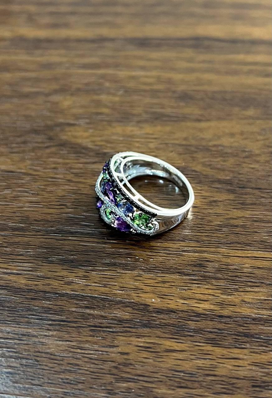 Purple Amethyst Blue Sapphire Green Tsavorite Diamonds 14K Gold Statement Ring