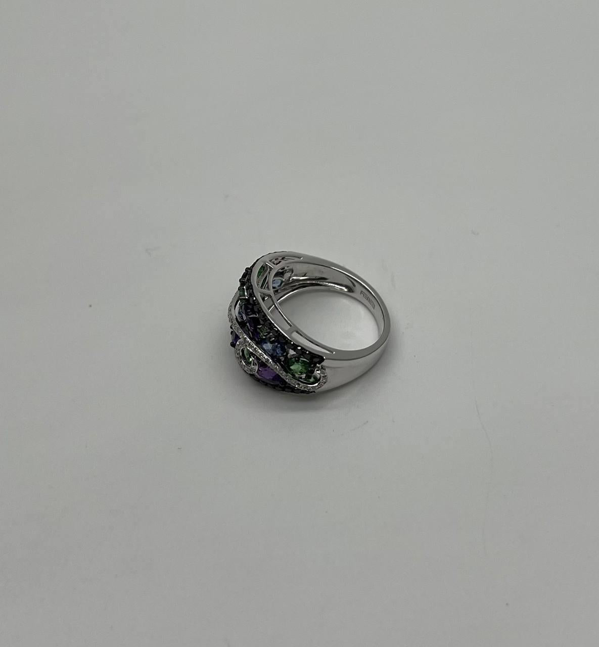 Purple Amethyst Blue Sapphire Green Tsavorite Diamonds 14K Gold Statement Ring