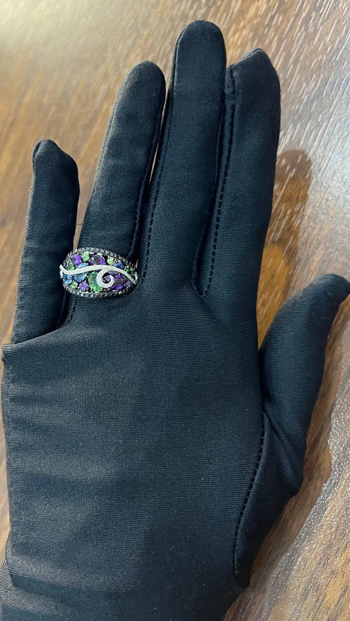 Purple Amethyst Blue Sapphire Green Tsavorite Diamonds 14K Gold Statement Ring