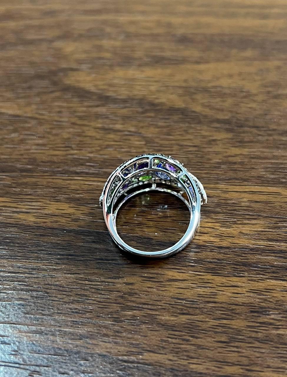 Purple Amethyst Blue Sapphire Green Tsavorite Diamonds 14K Gold Statement Ring
