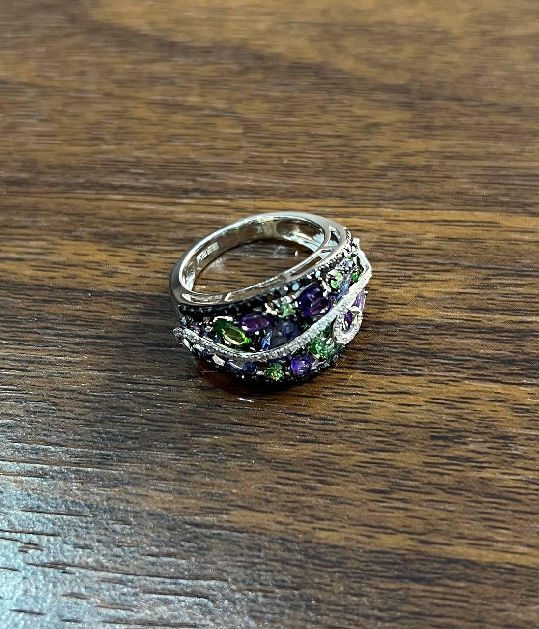 Purple Amethyst Blue Sapphire Green Tsavorite Diamonds 14K Gold Statement Ring