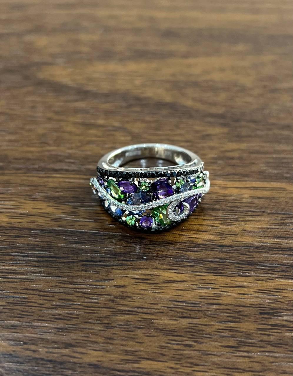 Purple Amethyst Blue Sapphire Green Tsavorite Diamonds 14K Gold Statement Ring