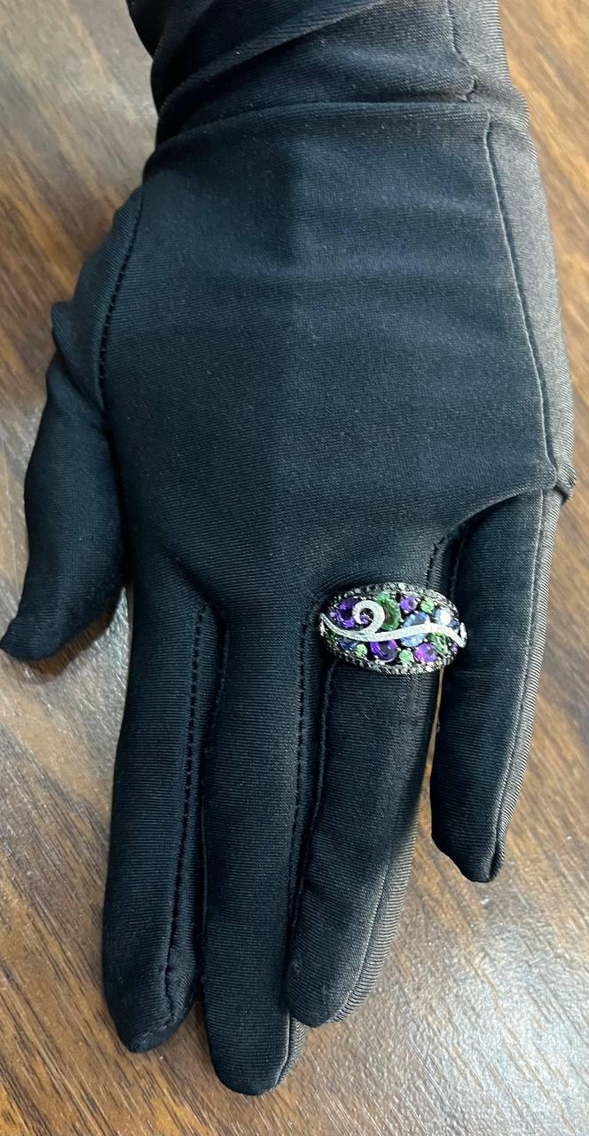 Purple Amethyst Blue Sapphire Green Tsavorite Diamonds 14K Gold Statement Ring