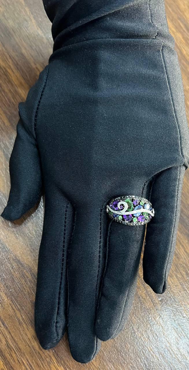 Purple Amethyst Blue Sapphire Green Tsavorite Diamonds 14K Gold Statement Ring