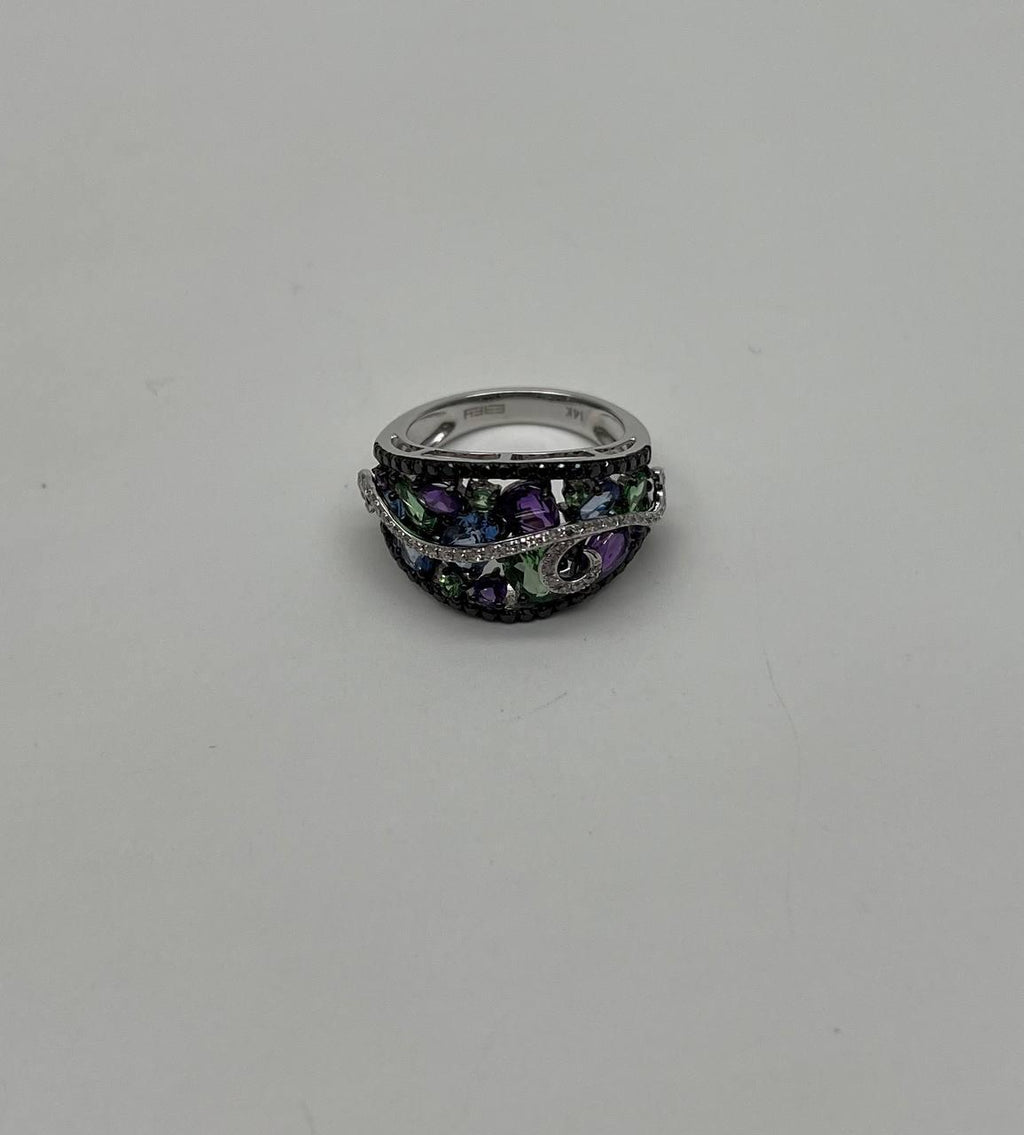 Purple Amethyst Blue Sapphire Green Tsavorite Diamonds 14K Gold Statement Ring
