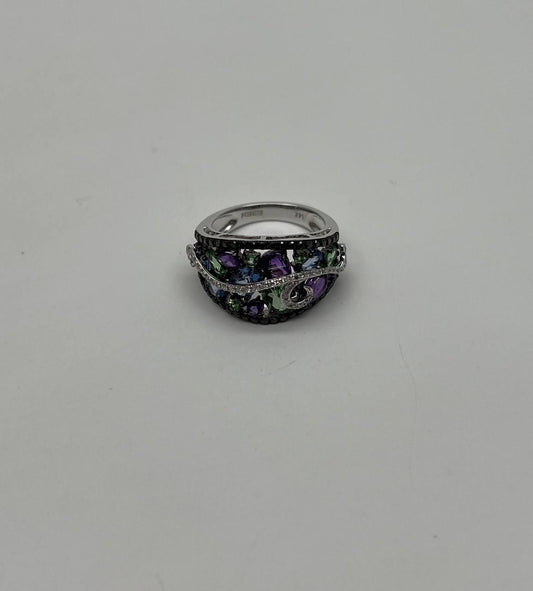 Purple Amethyst Blue Sapphire Green Tsavorite Diamonds 14K Gold Statement Ring