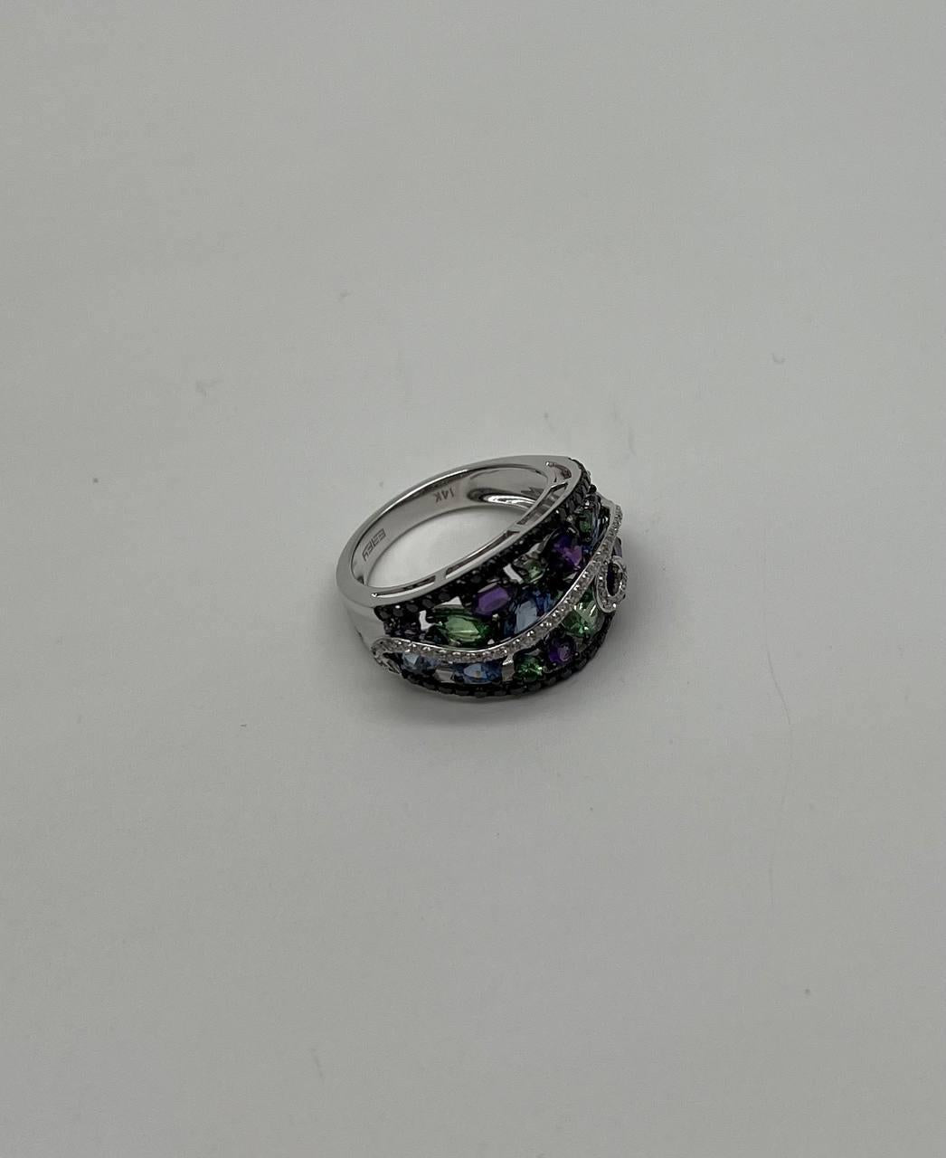 Purple Amethyst Blue Sapphire Green Tsavorite Diamonds 14K Gold Statement Ring