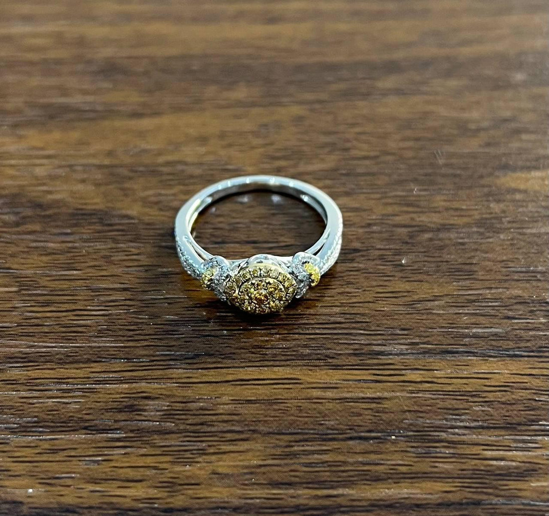 Yellow Diamond Pave Set Halo 14K White Gold Diamond Statement Ring