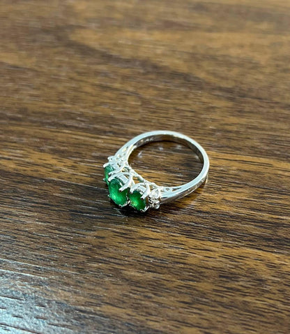 Oval Shape Three Stone Green Emerald Diamond Accent White Gold Statement Ring