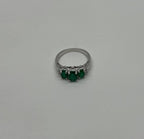 Oval Shape Three Stone Green Emerald Diamond Accent White Gold Statement Ring