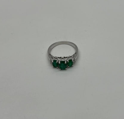 Oval Shape Three Stone Green Emerald Diamond Accent White Gold Statement Ring