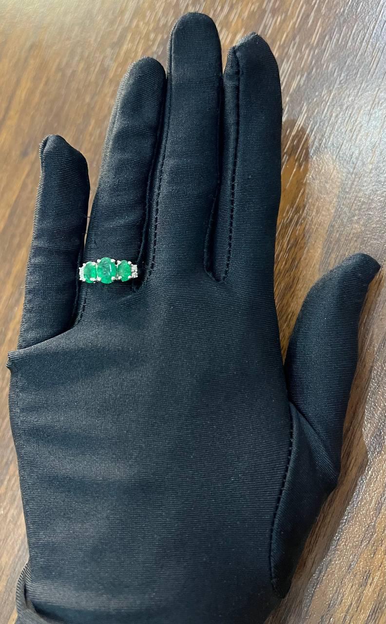 Oval Shape Three Stone Green Emerald Diamond Accent White Gold Statement Ring