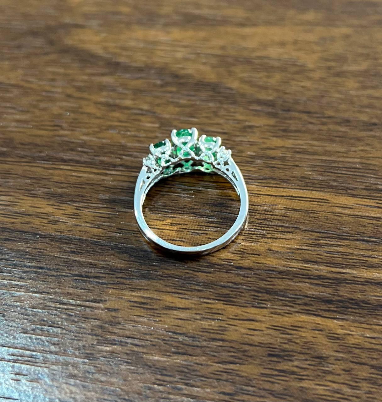 Oval Shape Three Stone Green Emerald Diamond Accent White Gold Statement Ring