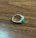 Oval Shape Three Stone Green Emerald Diamond Accent White Gold Statement Ring