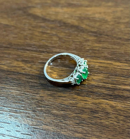 Oval Shape Three Stone Green Emerald Diamond Accent White Gold Statement Ring