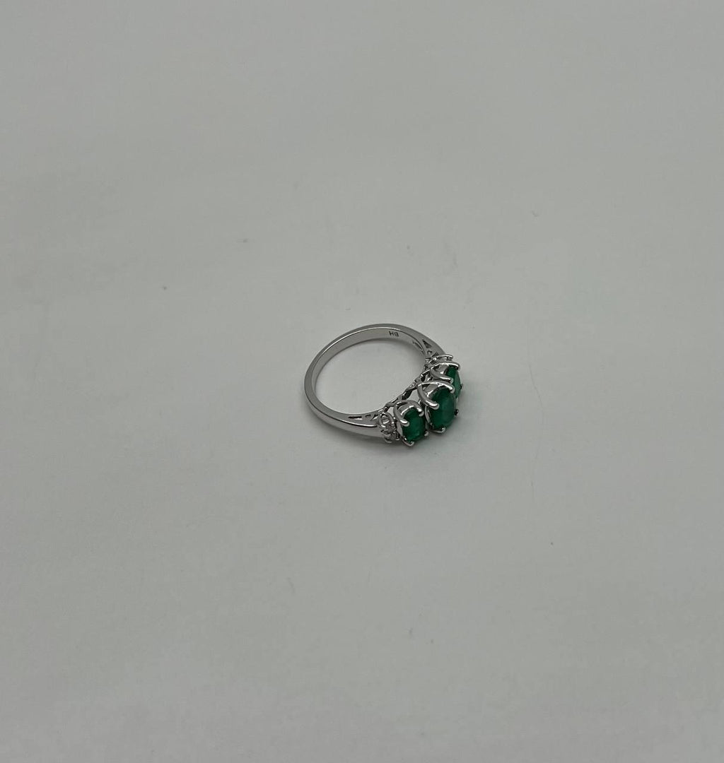 Oval Shape Three Stone Green Emerald Diamond Accent White Gold Statement Ring