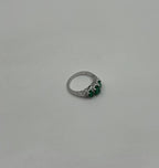 Oval Shape Three Stone Green Emerald Diamond Accent White Gold Statement Ring