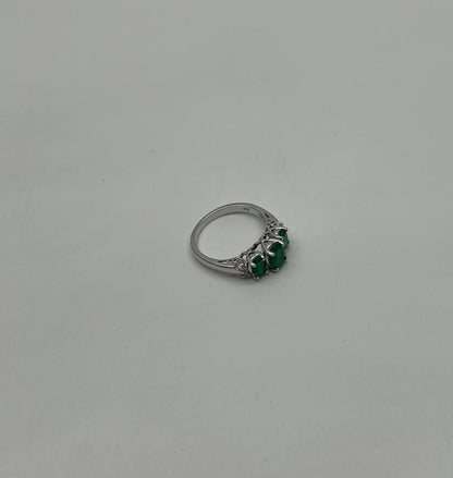 Oval Shape Three Stone Green Emerald Diamond Accent White Gold Statement Ring