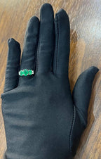 Oval Shape Three Stone Green Emerald Diamond Accent White Gold Statement Ring