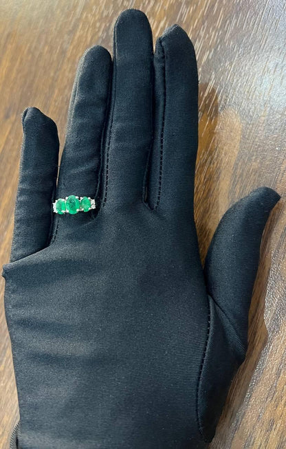 Oval Shape Three Stone Green Emerald Diamond Accent White Gold Statement Ring