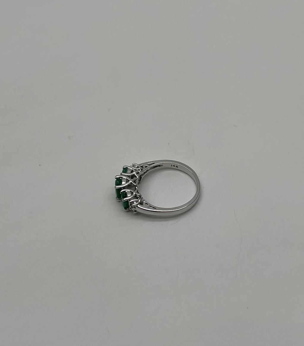 Oval Shape Three Stone Green Emerald Diamond Accent White Gold Statement Ring