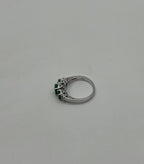 Oval Shape Three Stone Green Emerald Diamond Accent White Gold Statement Ring