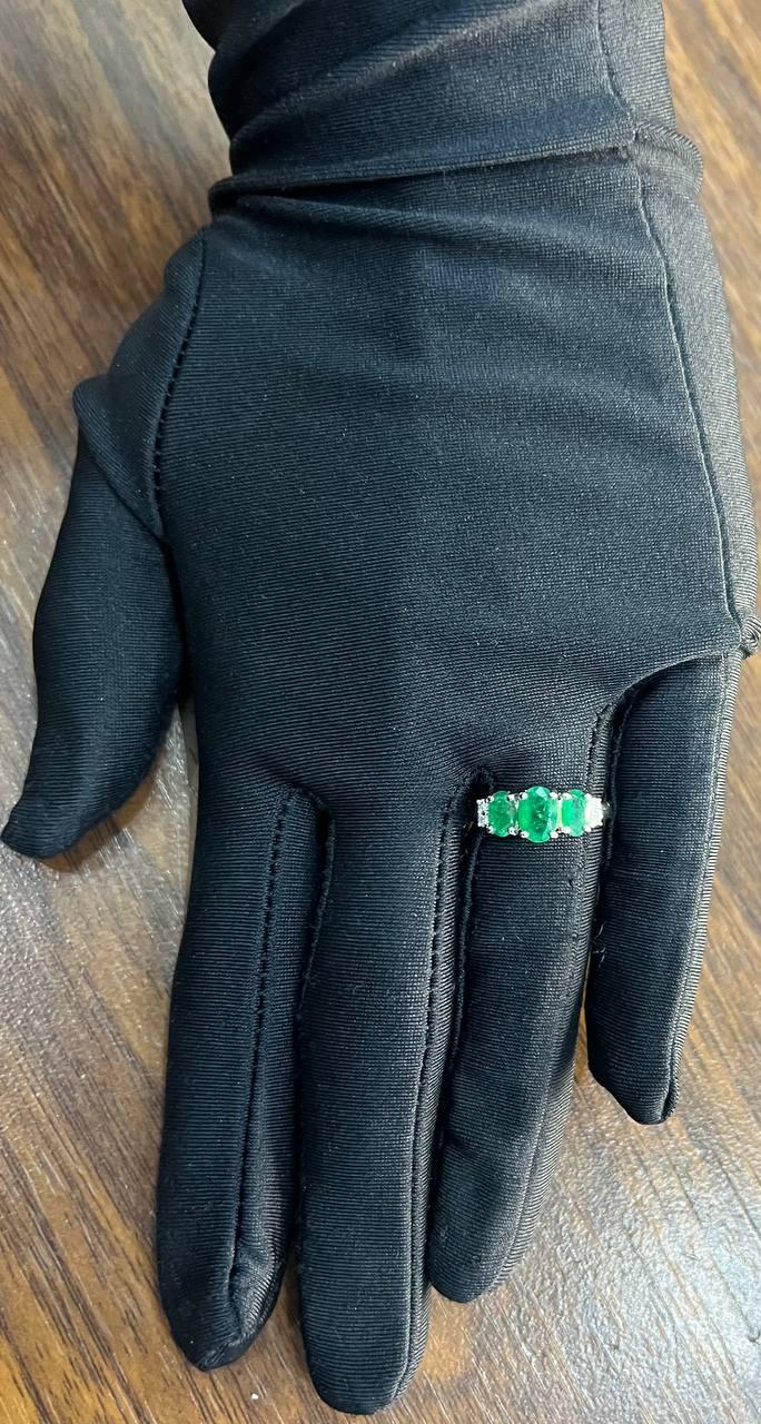 Oval Shape Three Stone Green Emerald Diamond Accent White Gold Statement Ring