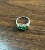 Oval Shape Three Stone Green Emerald Diamond Accent White Gold Statement Ring