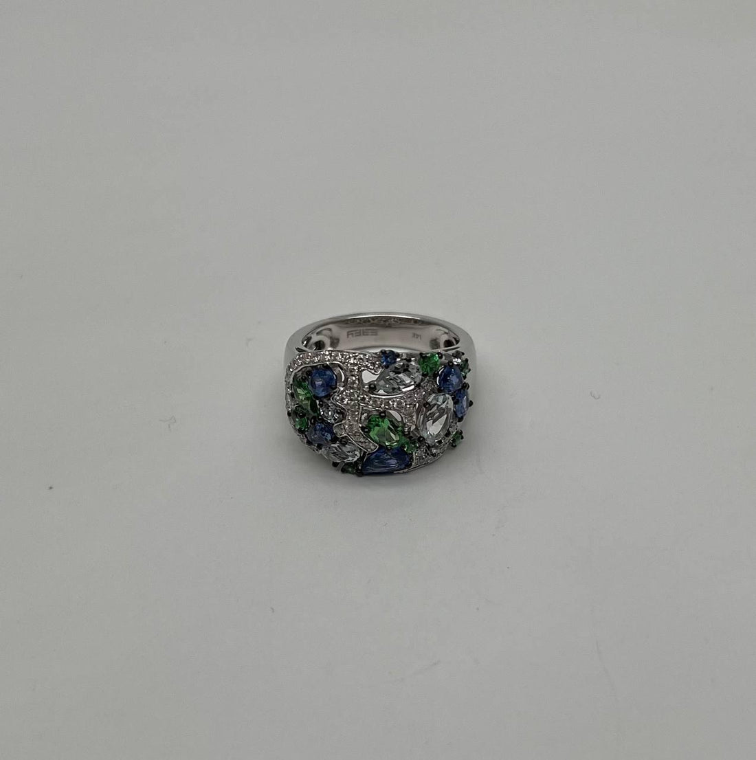 Blue Sapphire Green Tsavorite White Diamond Clusters White Gold Statement Ring