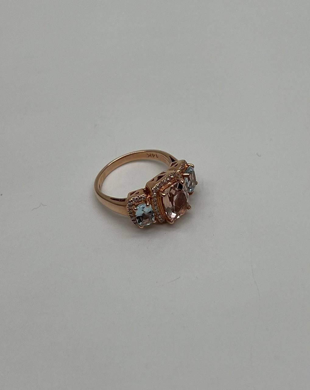 Orange Pink Peach Morganite &amp; Blue Aquamarine 14K White Gold Diamond Ring
