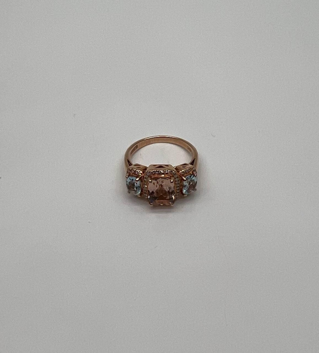 Orange Pink Peach Morganite & Blue Aquamarine 14K White Gold Diamond Ring