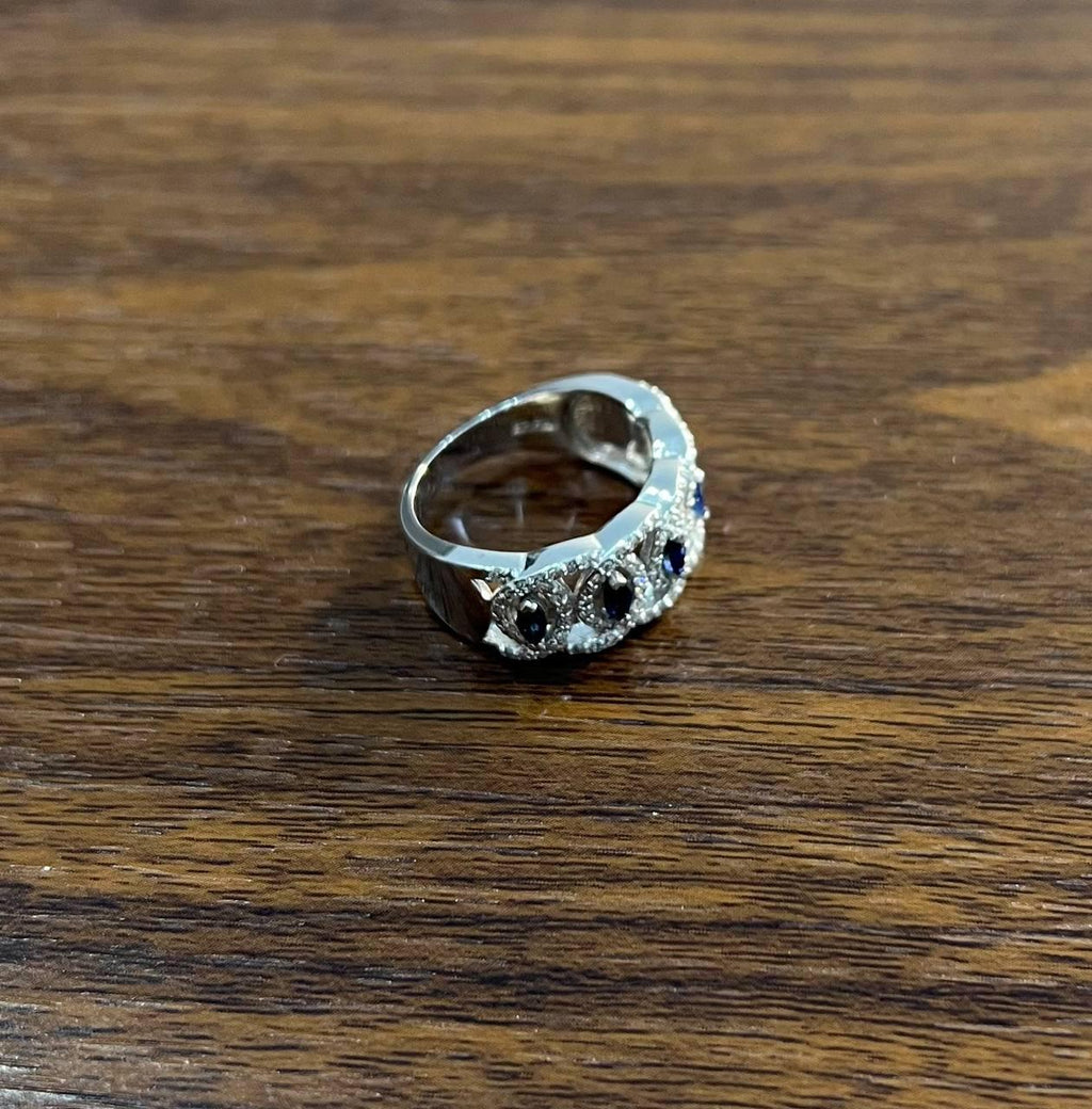 Round Blue Sapphires Diamonds Accents 14K White Gold Statement Band Ring