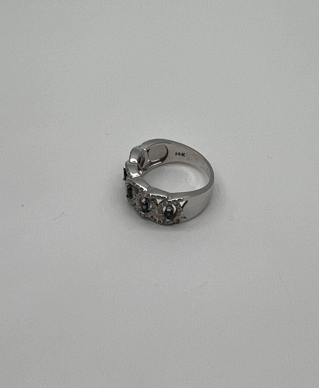 Round Blue Sapphires Diamonds Accents 14K White Gold Statement Band Ring