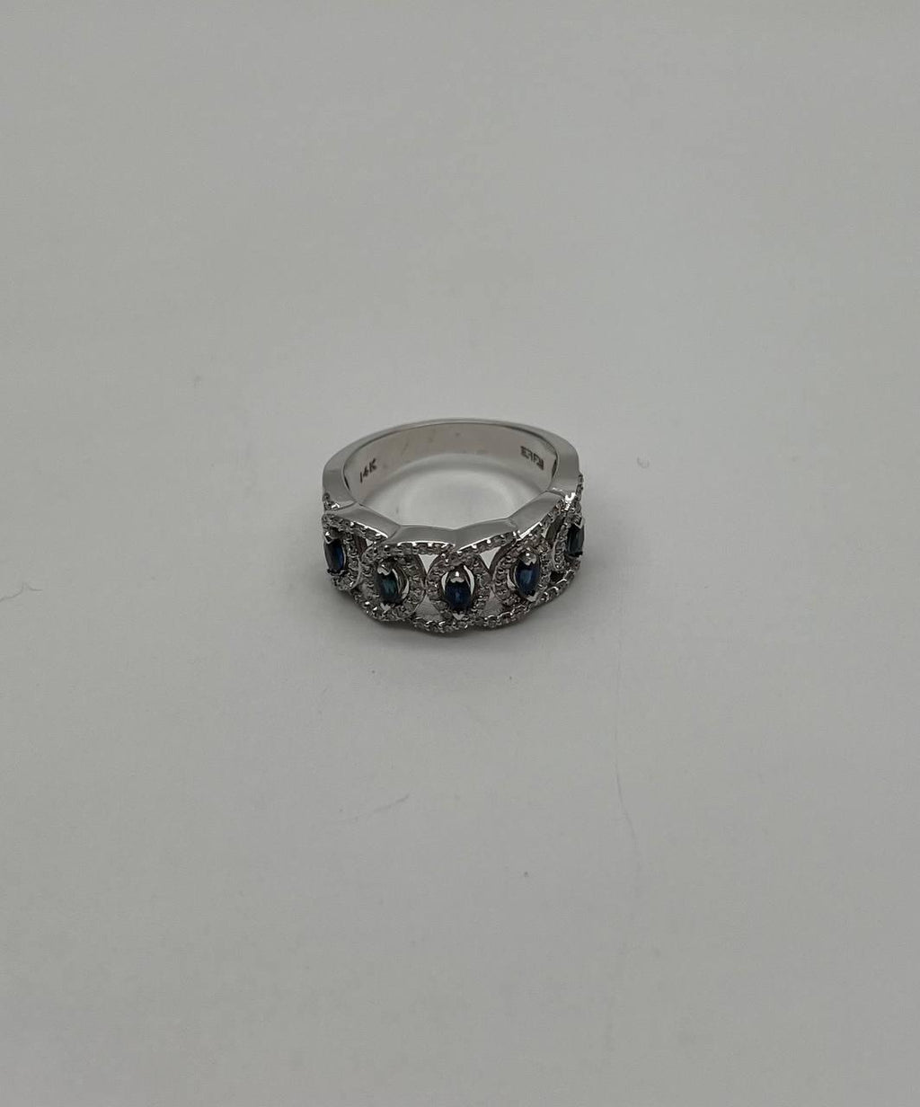 Round Blue Sapphires Diamonds Accents 14K White Gold Statement Band Ring