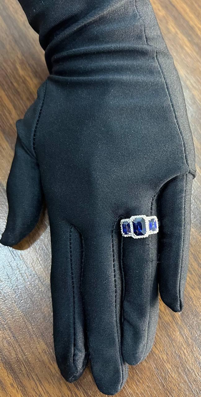 blue sapphire three side stone diamond halo 14k white gold statement ring