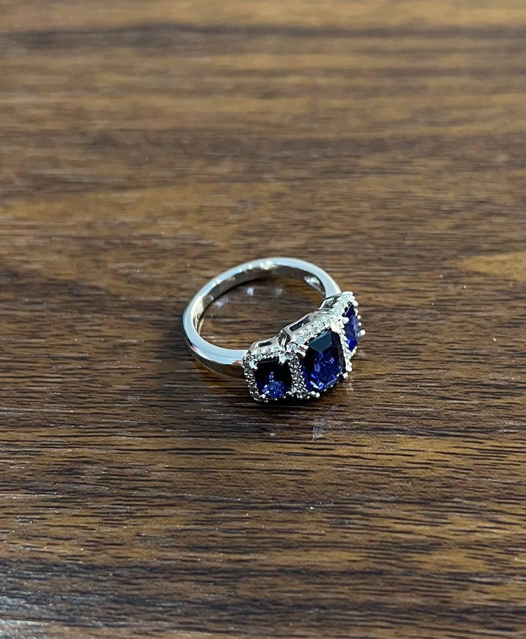 blue sapphire three side stone diamond halo 14k white gold statement ring