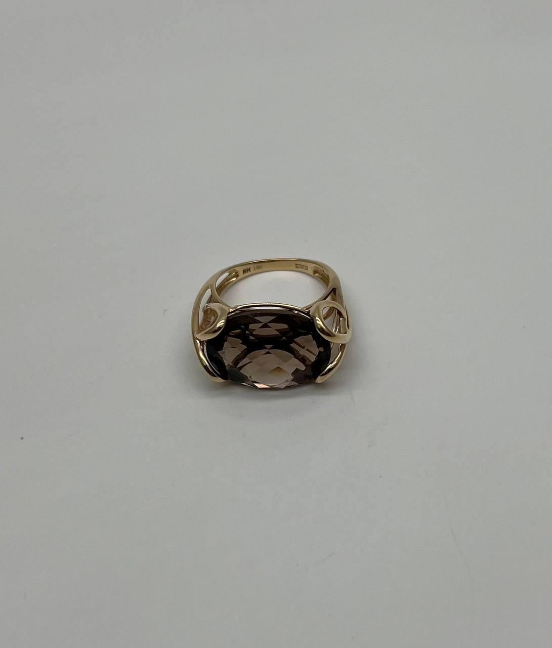 Oval Shape Brown Smoky Quartz 14K Yellow Gold Statement Cocktail Ring