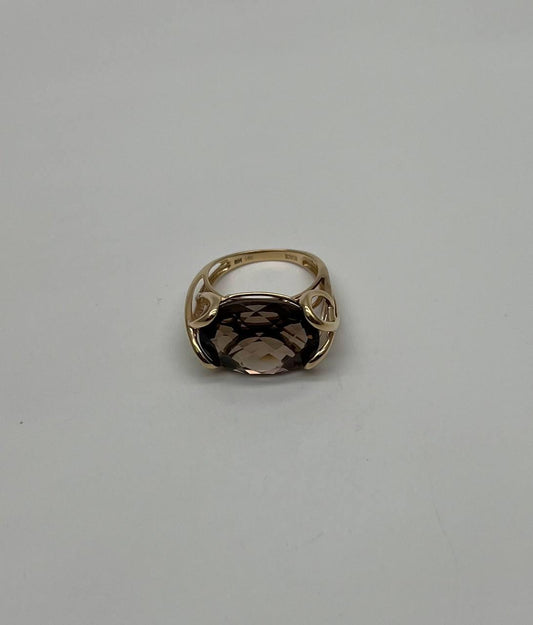 Oval Shape Brown Smoky Quartz 14K Yellow Gold Statement Cocktail Ring