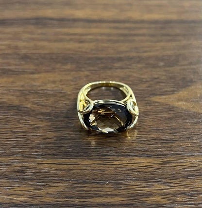Oval Shape Brown Smoky Quartz 14K Yellow Gold Statement Cocktail Ring